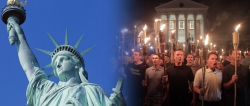 Lady Liberty beside torch-wielding white supremacists